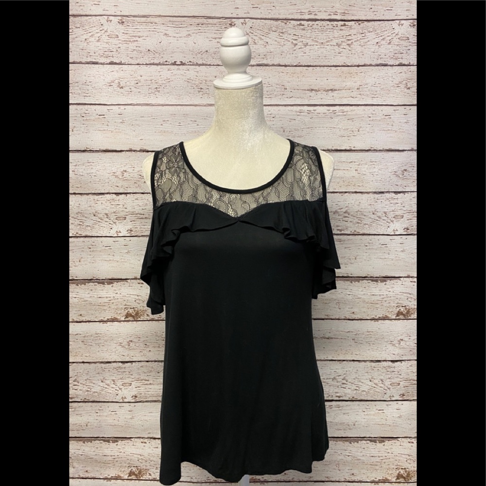 Black open shoulder top with lace.